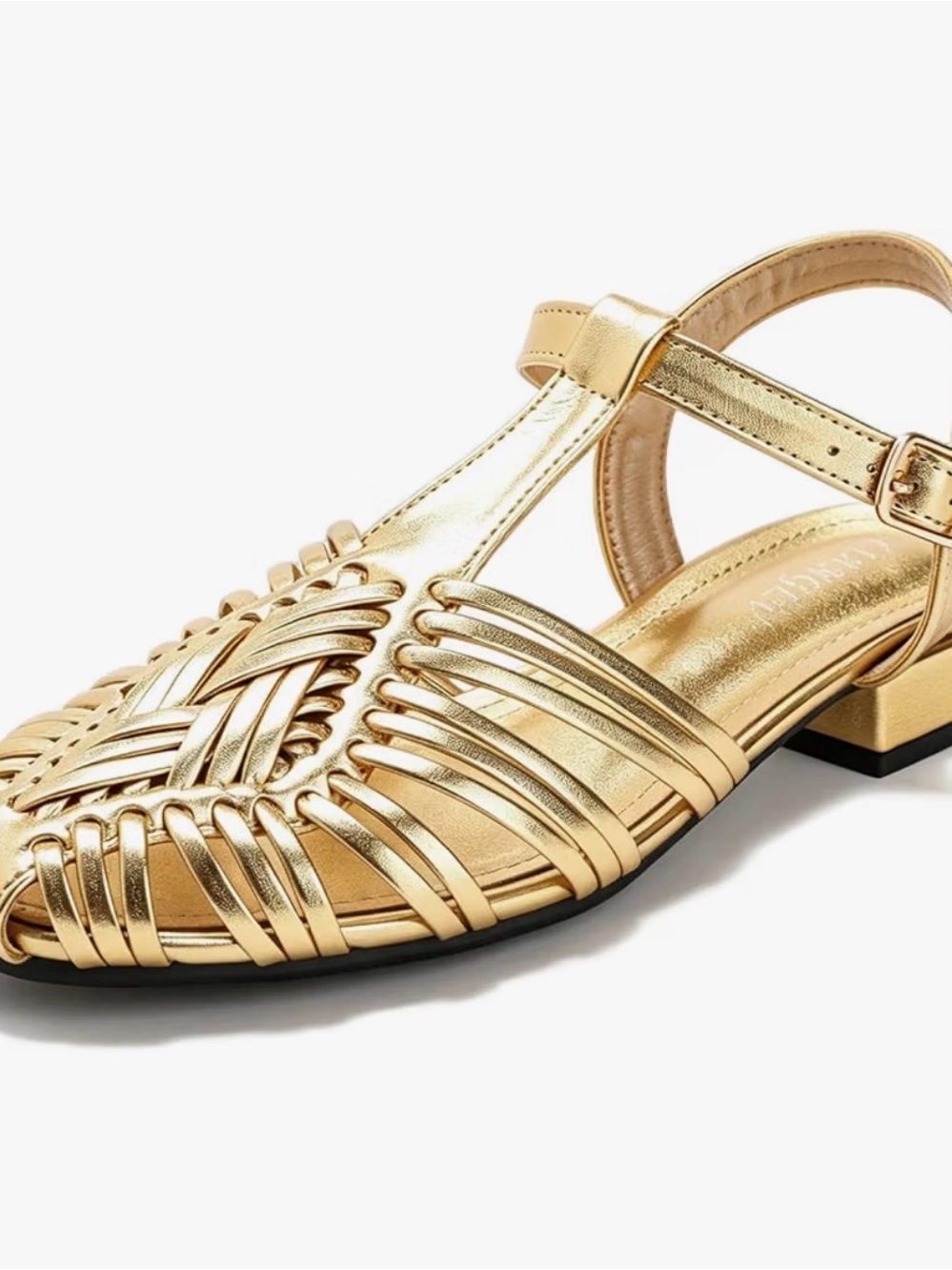 Woven Gold Fisherman Sandals Ankle Strap Low Block Heels caged Dress Shoes